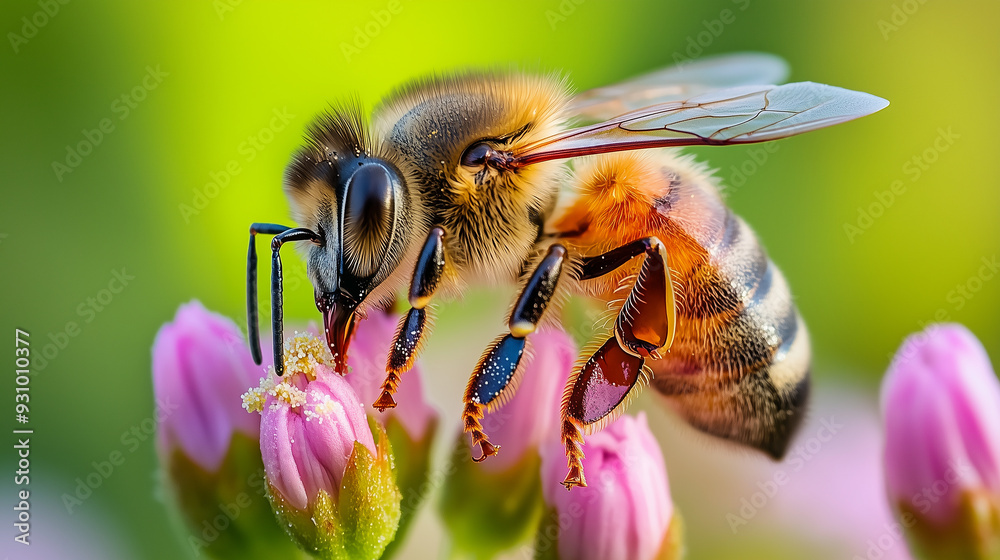 Macro Shot of a Honeybee Collecting Pollen from a Spring Flower with Green Plant Background Macro Shot of a Honeybee Collecting Pollen from a Spring Flower with Green Plant Background