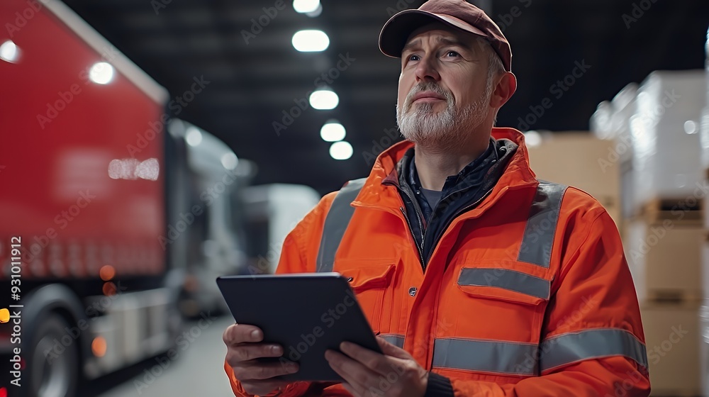 A mature man in a reflective orange work jacket holds a tablet in a warehouse setting, with a red truck partially visible in the background. A mature man in a reflective orange work jacket holds a tablet in a warehouse setting, with a red truck partially visible in the background.