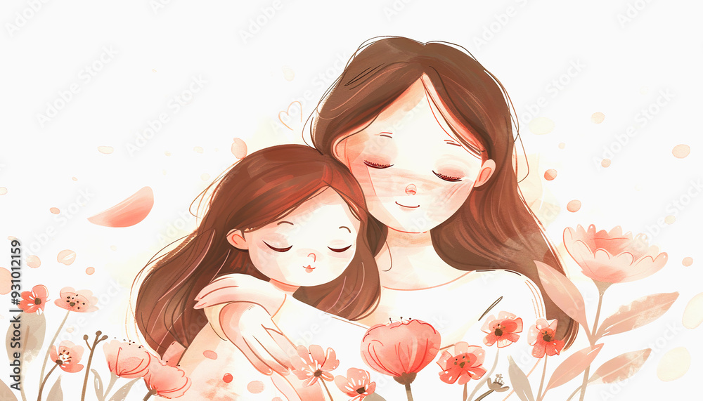 Mother and Daughter Embracing in a Field of Flowers Mother and Daughter Embracing in a Field of Flowers