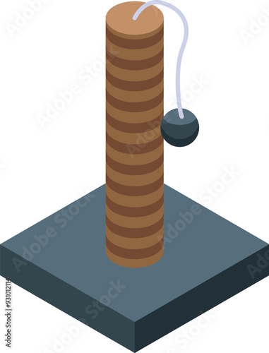 Cat scratching post with hanging ball is standing on grey mat, isolated on white background