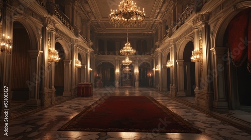 A grand and ornate hallway with marble floors, arched doorways, and chandeliers.