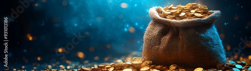 A burlap sack overflowing with gold coins against a dark blue background with shimmering lights.