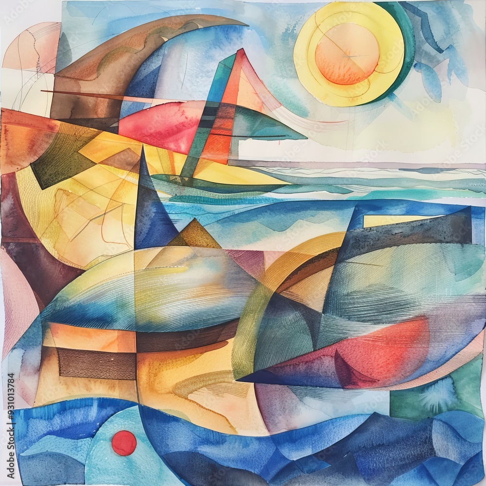 Fototapeta premium Watercolor painting of a cubist interpretation of a beach scene, with fragmented waves, sun, on isolated white background