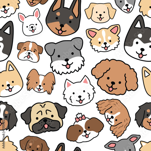 Wallpaper Mural Seamless pattern dogs puppies pet cute kawaii style illustration drawing head shot face collection dog breed - terrier, miniature schnauzer, poodle, husky, pug, spaniel, golden retriever, doberman Torontodigital.ca