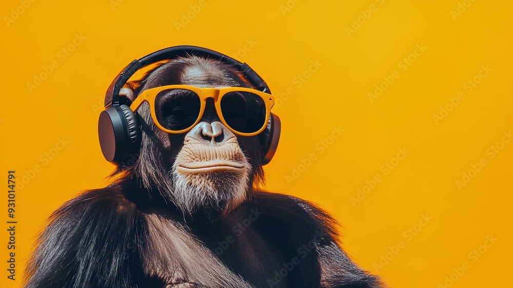 Cool Chimpanzee with Headphones and Sunglasses - Fun and Vibrant Animal Portrait Cool Chimpanzee with Headphones and Sunglasses - Fun and Vibrant Animal Portrait