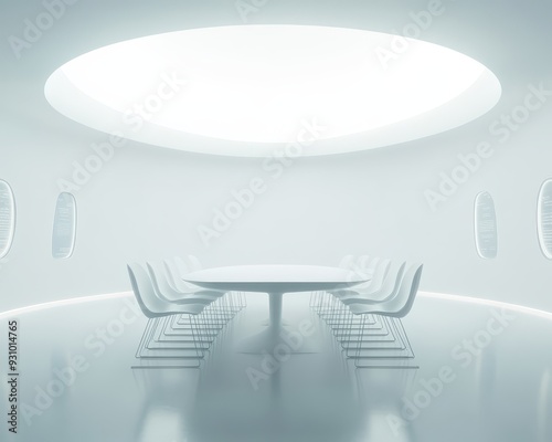 A roundtable discussion in a minimalist, allwhite room with holographic interfaces, zenfuturistic, soft lighting, highkey, 3D model photo