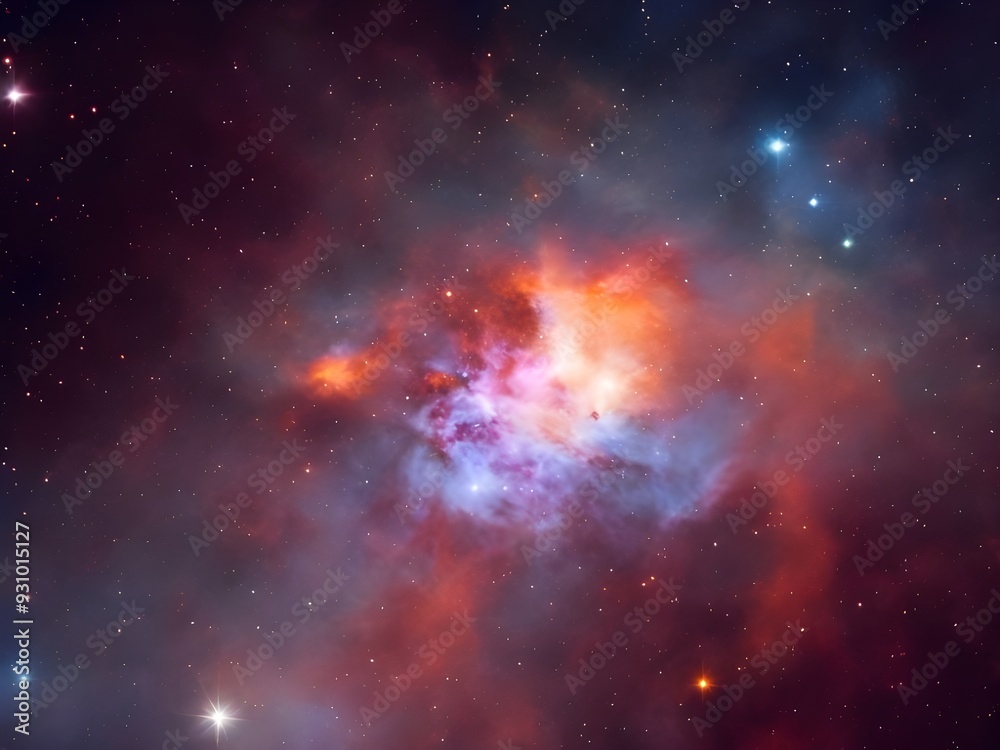 Naklejka premium Vibrant Cosmic Nebula with Colorful Light Beams and Starry Background in Deep Space 