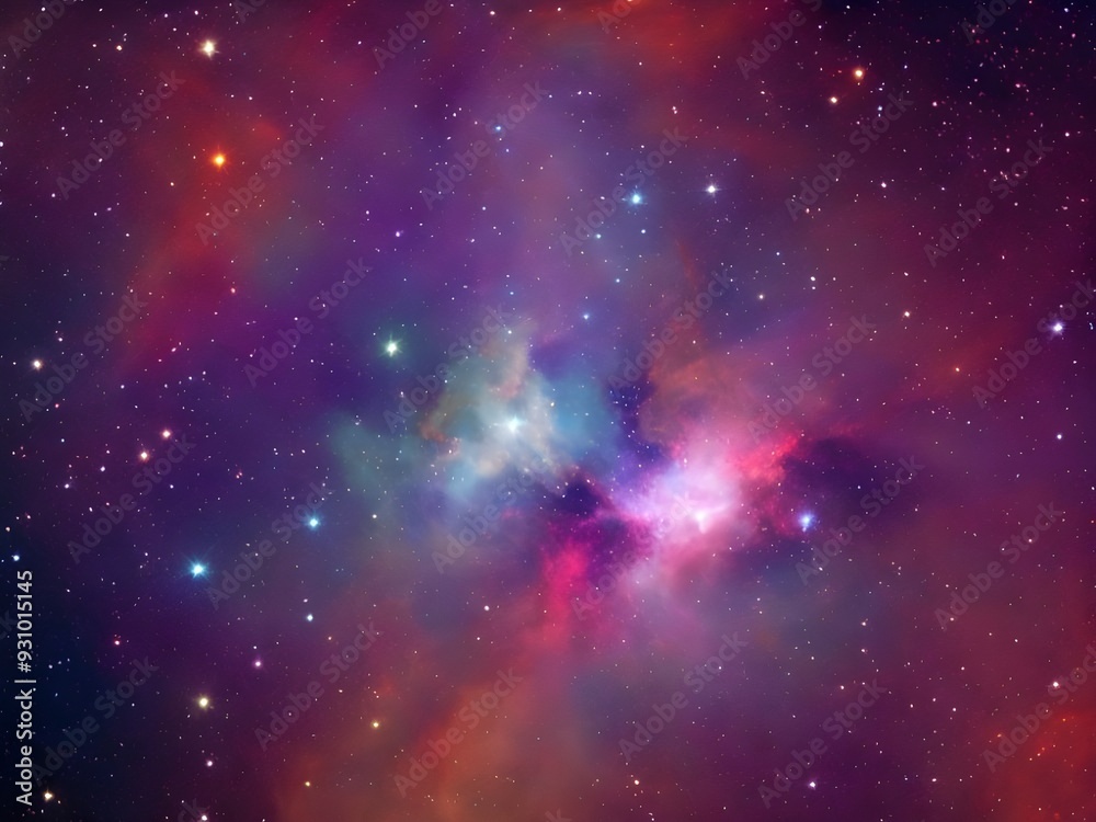 Fototapeta premium Vibrant Cosmic Nebula with Colorful Light Beams and Starry Background in Deep Space 