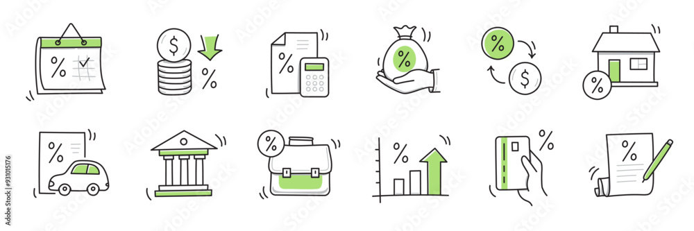 Loan interest rate doodle icon set. Hand drawn sketch doodle line style bank money loan interest rate icon for house, car discount percentage concept. Trendy cute element. Vector illustration Loan interest rate doodle icon set. Hand drawn sketch doodle line style bank money loan interest rate icon for house, car discount percentage concept. Trendy cute element. Vector illustration