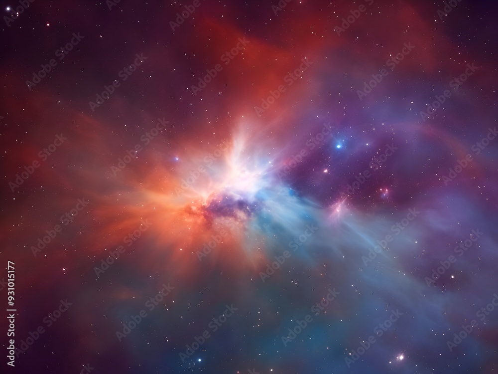 Naklejka premium Vibrant Cosmic Nebula with Colorful Light Beams and Starry Background in Deep Space 