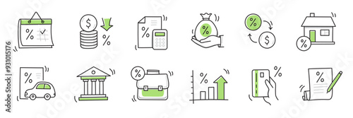 Loan interest rate doodle icon set. Hand drawn sketch doodle line style bank money loan interest rate icon for house, car discount percentage concept. Trendy cute element. Vector illustration