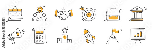 Hand drawn doodle business, money icon set. Finance, startup marketing sketch drawn cute trendy line doodle icon. Business work, finance rocket, growth economic goal elements. Vector illustration