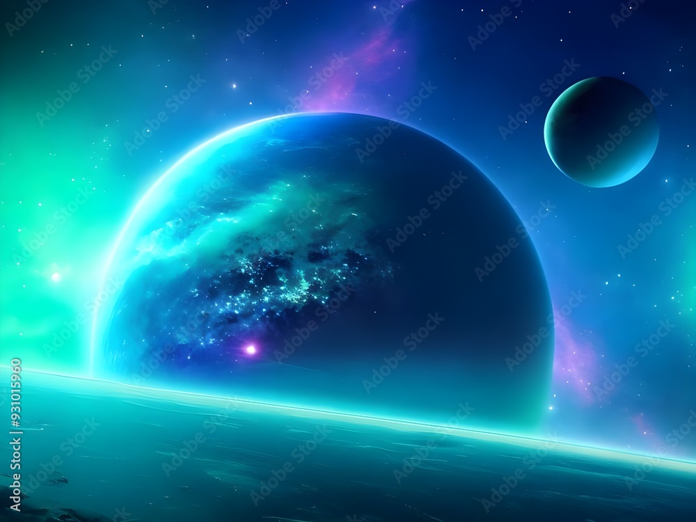 Obraz premium Futuristic Space Scene with Glowing Nebula, Shimmering Stars, and Distant Planets 