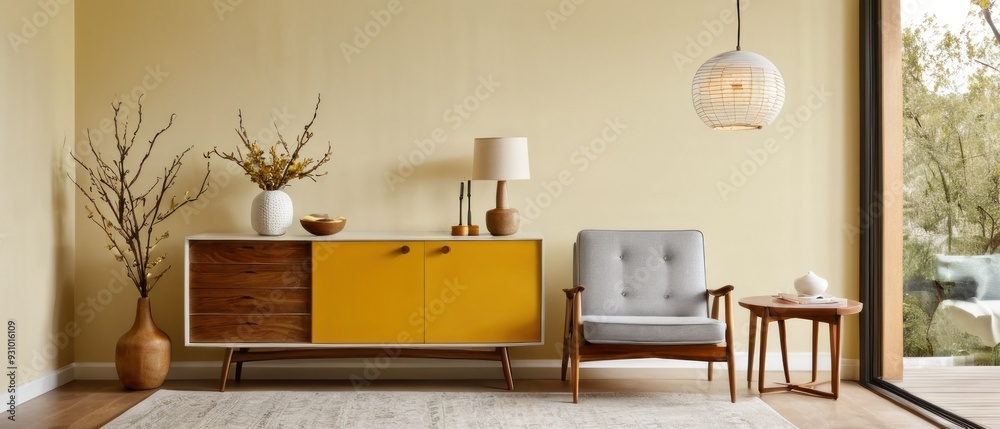 Fototapeta premium Cozy and stylish mid-century modern living room featuring vintage furniture, vibrant yellow accents, and unique decorative elements, creating a warm and inviting atmosphere.