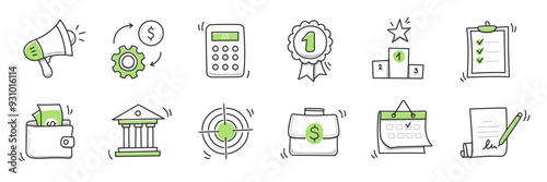 Hand drawn doodle business, money icon set. Finance, money, marketing sketch drawn cute trendy line doodle icon. Business bank, finance calculator, economic goal elements. Vector illustration