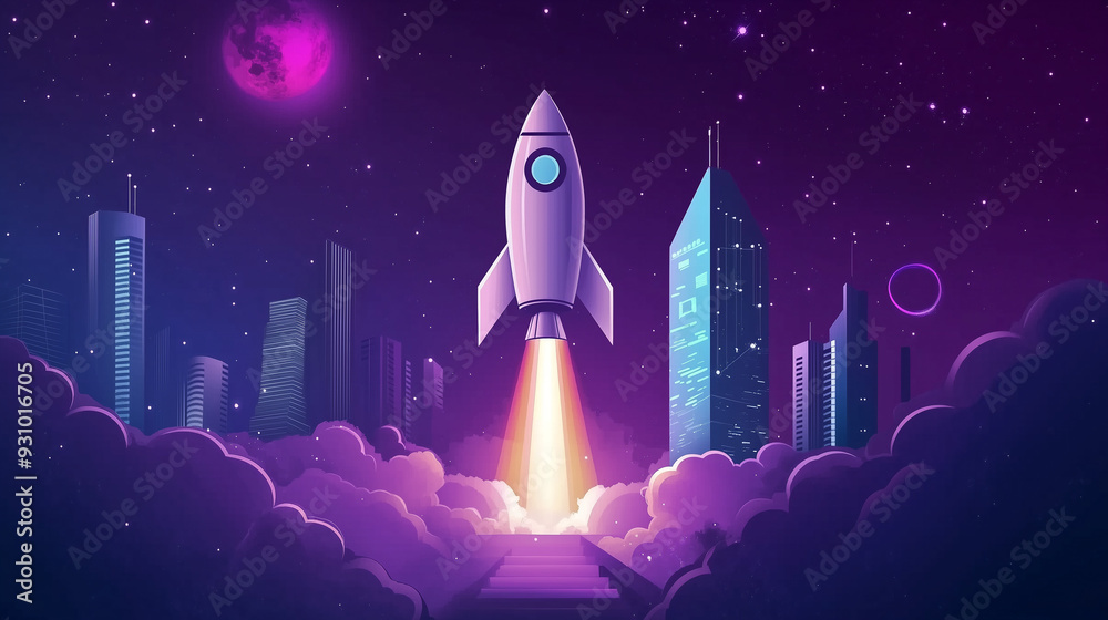 Rocket Launch and Technology Illustration for Startup Success in the Online Business Market 