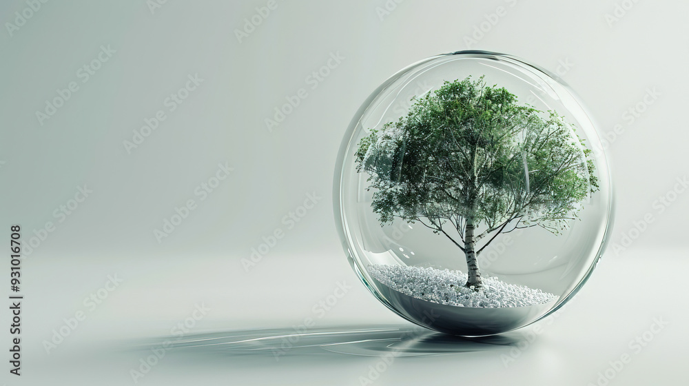 A Tree trapped in a glass ball. Glass ball with a simple white background A Tree trapped in a glass ball. Glass ball with a simple white background
