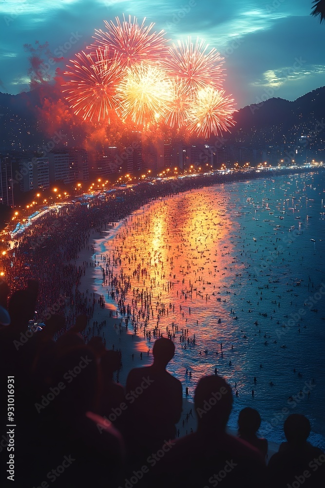 Fototapeta premium A crowd gathers on a beach to watch a vibrant fireworks display over the water.