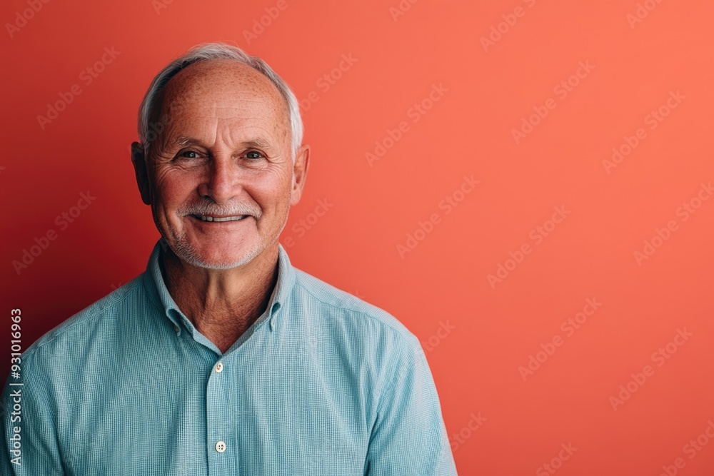 Older male presenter, smiling warmly, in front of a solid coral background with plenty of space for text Older male presenter, smiling warmly, in front of a solid coral background with plenty of space for text