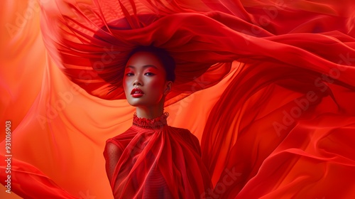 Elegant East Asian woman posing in a flowing red dress and matching large fabric headpiece against a dynamic red silk background.