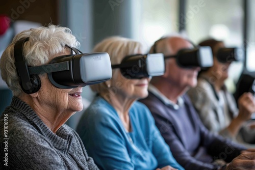 Group of seniors in a VR workshop, each experiencing a virtual reality environment, engaging with new technology