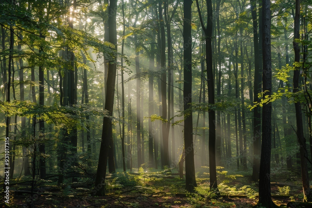 Obraz premium Sunlight Filtering Through Dense Forest Canopy