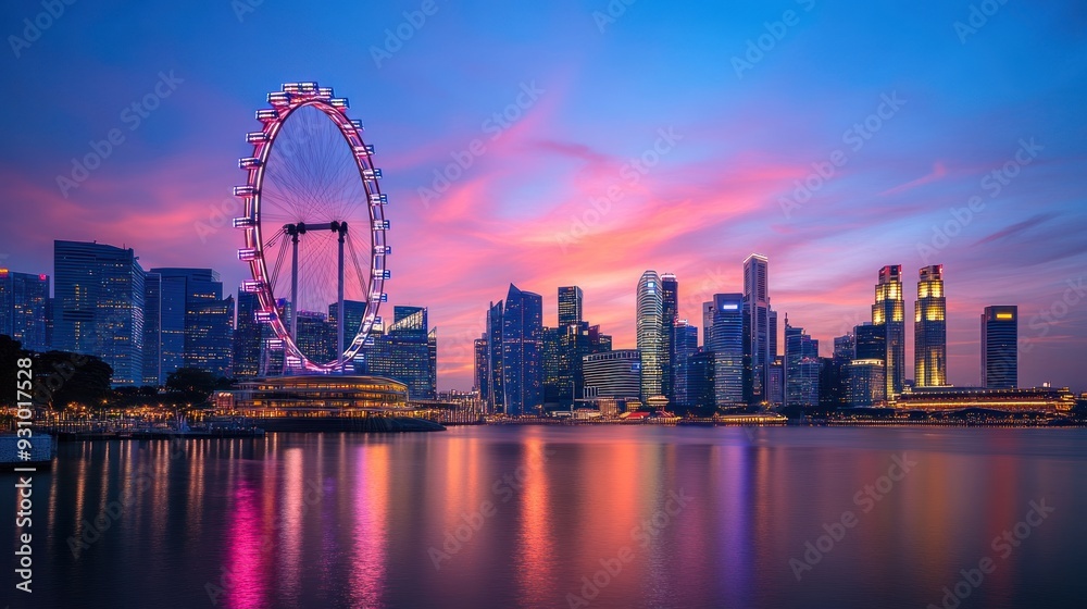 Fototapeta premium a magnificent Ferris wheel illuminated by the bright sunset light in the city