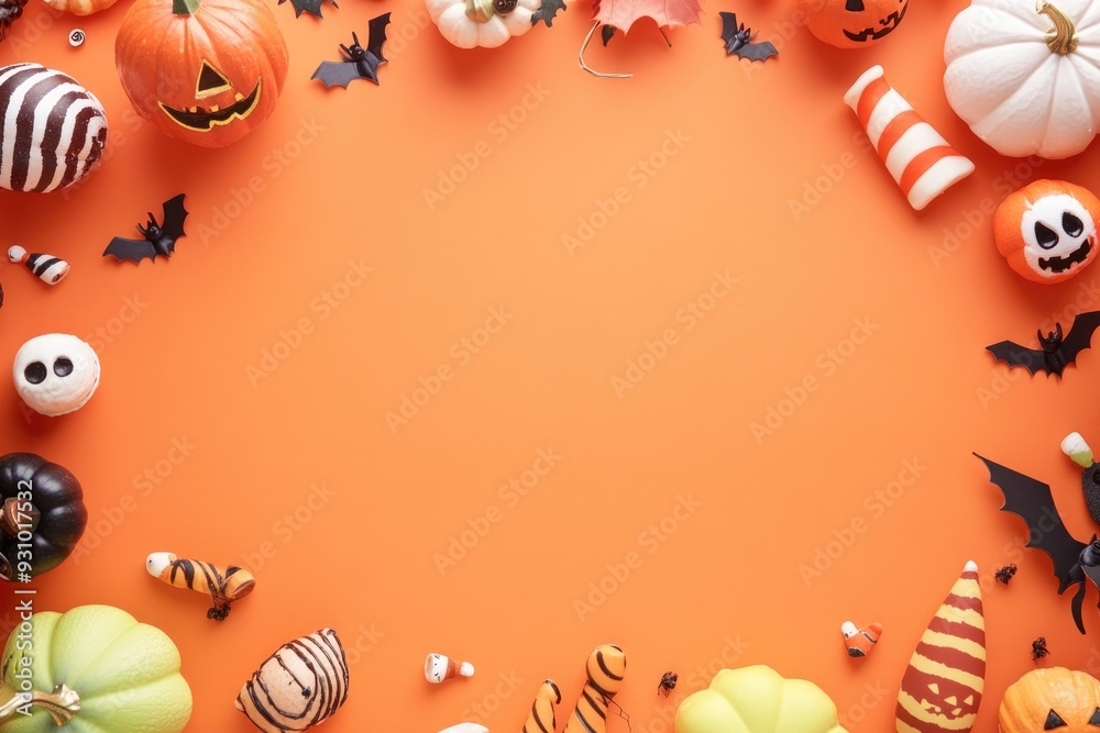 Halloween decorations arranged in a flat lay on an orange background with a clear space in the center, ideal for creating greeting cards or party invitations Halloween decorations arranged in a flat lay on an orange background with a clear space in the center, ideal for creating greeting cards or party invitations