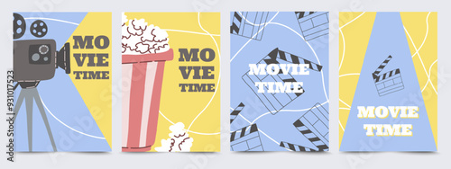 Cartoon cinema poster templates for film festival, movie time cards, movie night event. Movie event invitation with movie flapper, popcorn, camera. Cinematography themed flyer vector set.
