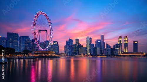 a magnificent Ferris wheel illuminated by the bright sunset light in the city