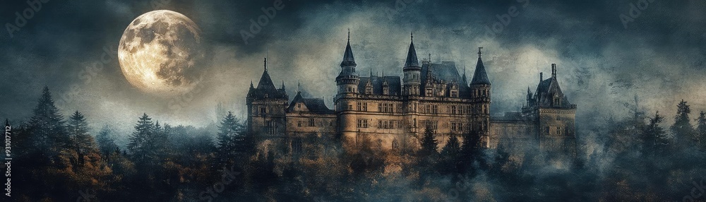 Fototapeta premium A hauntingly beautiful castle under a full moon, surrounded by mist, perfect for evoking mystery and enchantment.