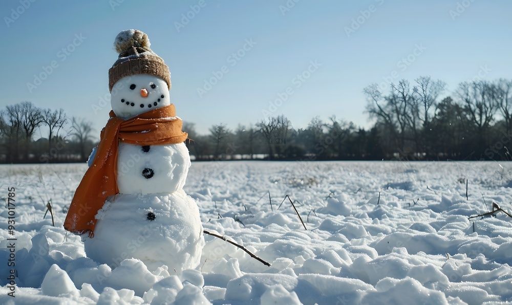 Obraz premium Panoramic view of happy snowman in winter secenery with copy space. 