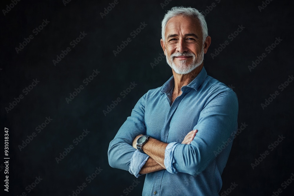 A strong senior male presenter with a healthy, fit build, standing proudly with his arms crossed against a solid background A strong senior male presenter with a healthy, fit build, standing proudly with his arms crossed against a solid background