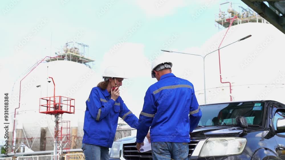 Team Petroleum chemical engineer discussion about blueprint drawings inside Oil Refinery Gas Chemical site. Senior Engineer wearing safety jacket and PPE working about Petro Chemical plant Team Petroleum chemical engineer discussion about blueprint drawings inside Oil Refinery Gas Chemical site. Senior Engineer wearing safety jacket and PPE working about Petro Chemical plant