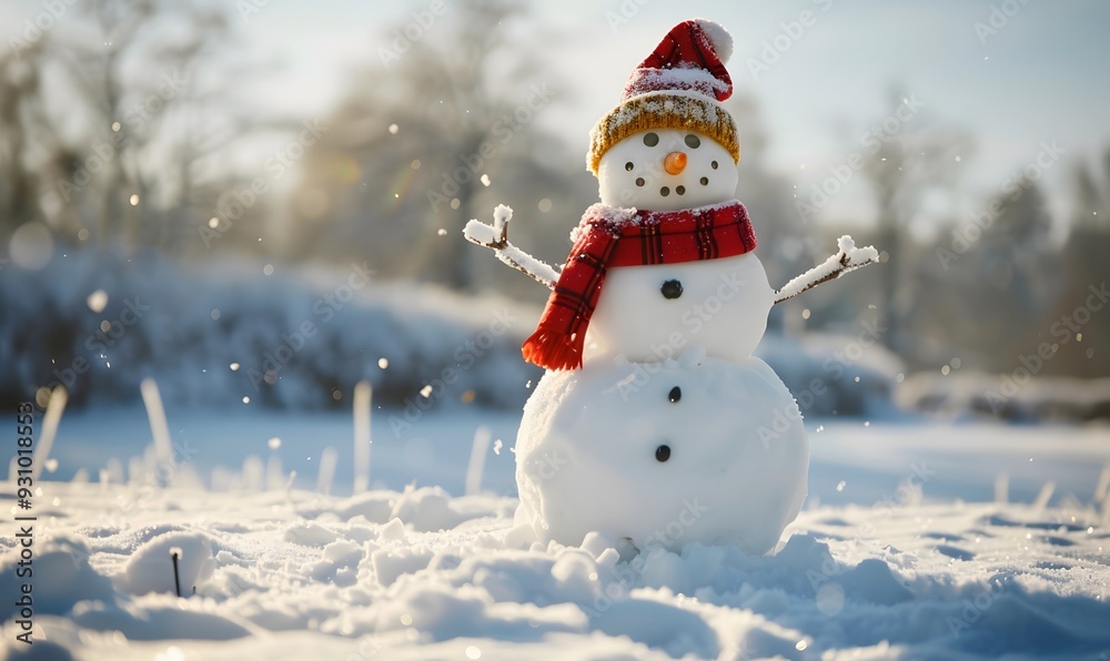 Obraz premium Panoramic view of happy snowman in winter secenery with copy space. 