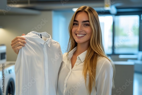A beautiful woman smiling as she holds up a freshly laundered shirt, admiring its cleanliness in a modern laundry room, enjoying the satisfaction of laundry