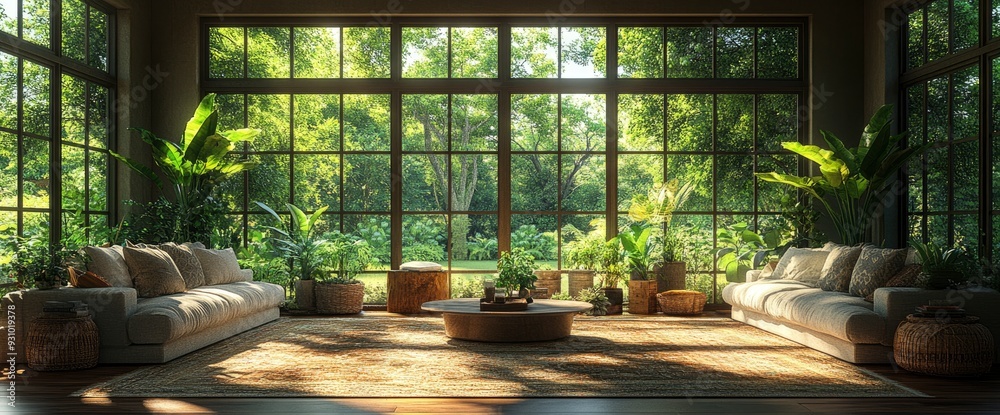 Classic-Style Living Room Surrounded By Green Garden, 3D Render Classic-Style Living Room Surrounded By Green Garden, 3D Render