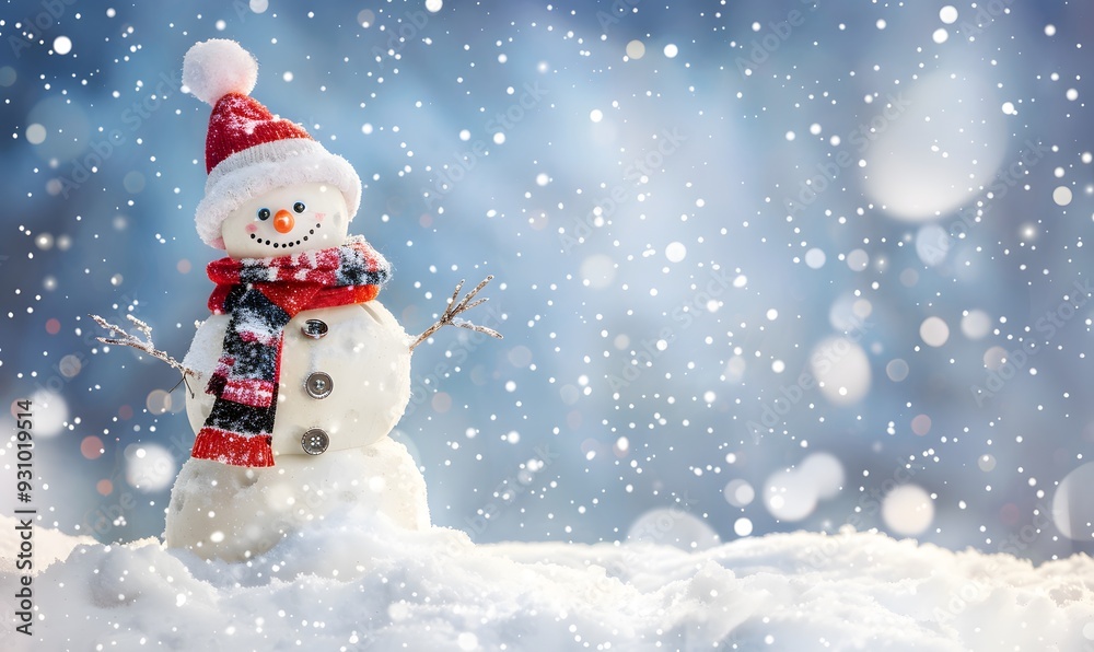 Panoramic view of happy snowman in winter secenery with copy space. Panoramic view of happy snowman in winter secenery with copy space.
