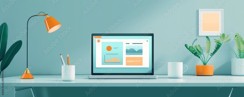 Modern Minimalist Workspace with Laptop, Charts, and Plants Modern Minimalist Workspace with Laptop, Charts, and Plants