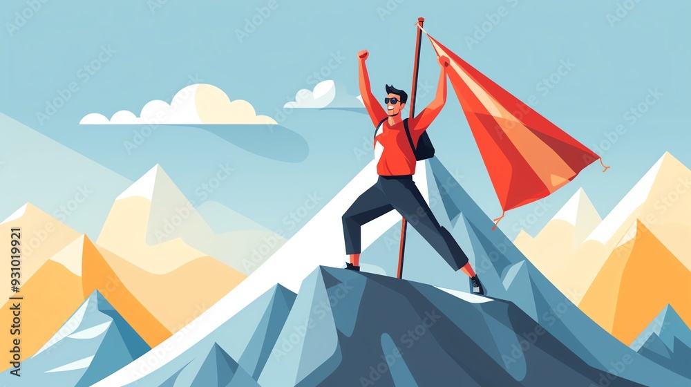 Fototapeta premium A victorious hiker stands on a mountain peak, waving a flag in celebration of achieving a challenging outdoor adventure.