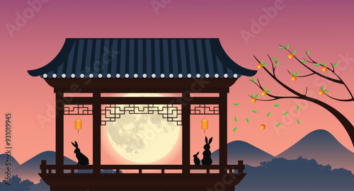 Mid-Autumn Moonlit Gathering ,Two rabbits gaze at the full moon, perched on a traditional Chinese pavilion adorned with lanterns, symbolizing reunion and harmony during the Mid-Autumn Festival.