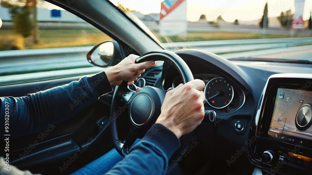 Man driving car at sunny day, Hands on the wheel driving at high speed Man driving car at sunny day, Hands on the wheel driving at high speed