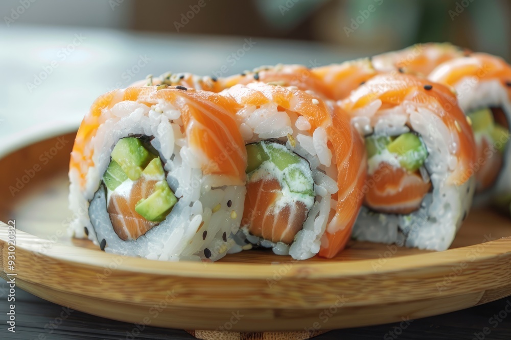 Salmon sushi roll with rice and avocado on a wooden plate