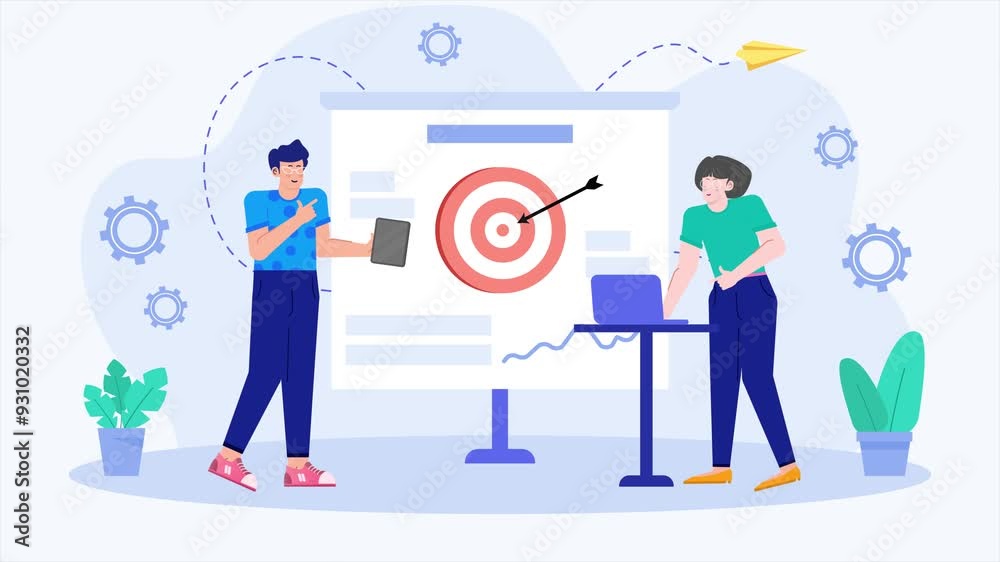 Goal setting and achievement in modern workspace with people character illustration business animated video Goal setting and achievement in modern workspace with people character illustration business animated video
