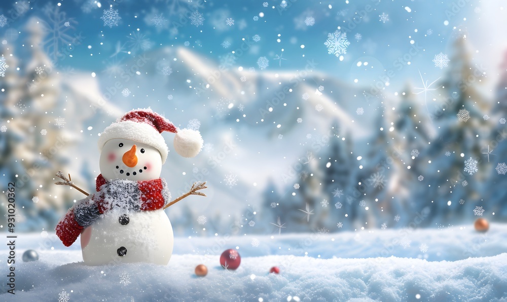 Panoramic view of happy snowman in winter secenery with copy space. Panoramic view of happy snowman in winter secenery with copy space.