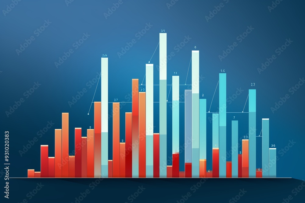 Dynamic bar graph showcasing data trends through colorful visualization and clear metrics against a blue background. Dynamic bar graph showcasing data trends through colorful visualization and clear metrics against a blue background.