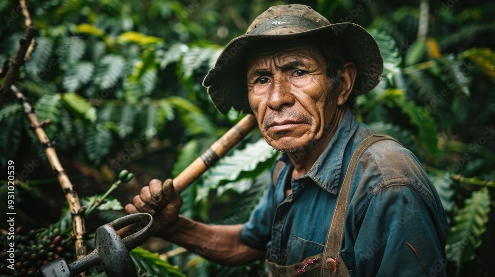 Obraz premium A candid portrait of a framer with coffee harvesting tools, photographed in a raw style from a dynamic angle, showcasing determination and skill in managing coffee crops
