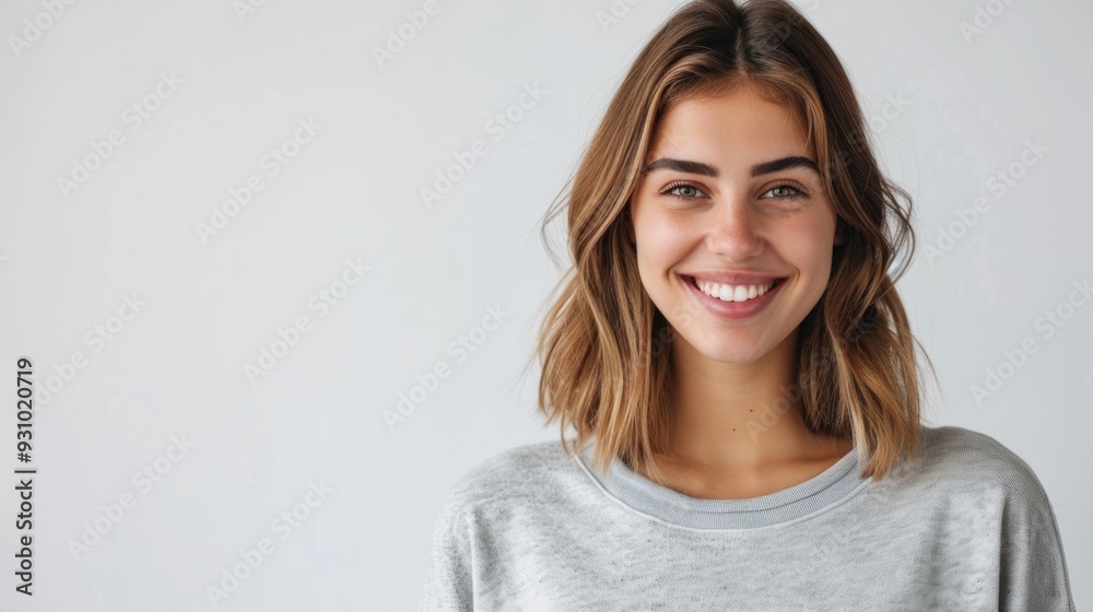 Beautiful woman presenting with a joyful smile, half-body shot against a solid white background with generous copy space Beautiful woman presenting with a joyful smile, half-body shot against a solid white background with generous copy space