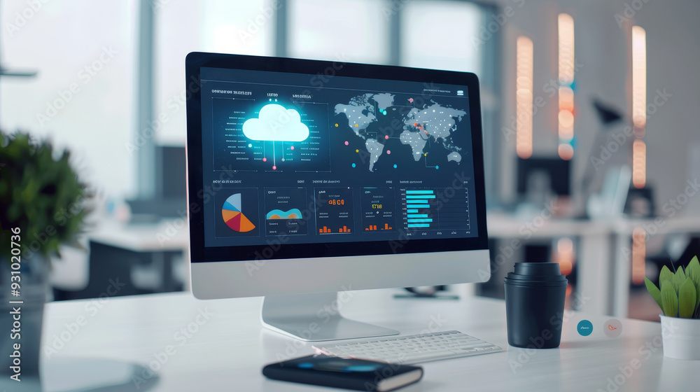Modern Workplace with Computer Showing Cloud Technology and Data Analytics Modern Workplace with Computer Showing Cloud Technology and Data Analytics
