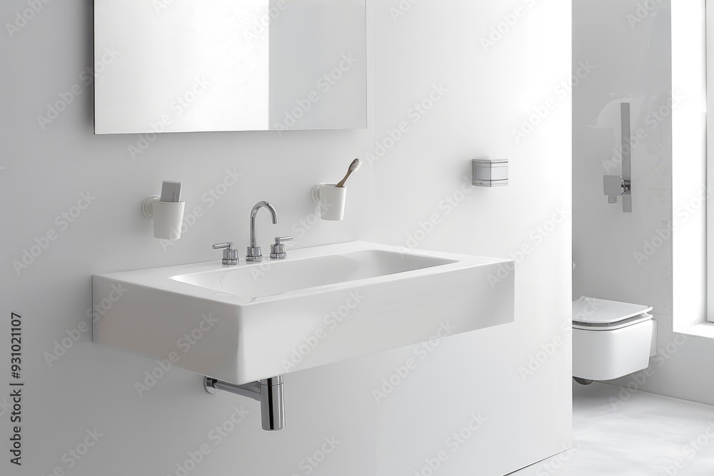 Simple and modern white bathroom with a white sink and minimal fixtures, showcasing minimalism. Simple and modern white bathroom with a white sink and minimal fixtures, showcasing minimalism.